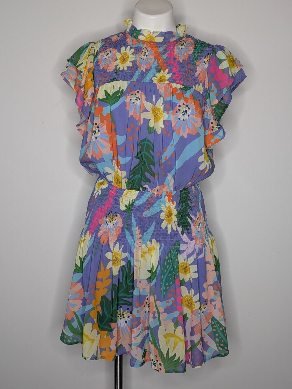 Entro Blue Pink Bright Vibrant Floral Smocked Dress M